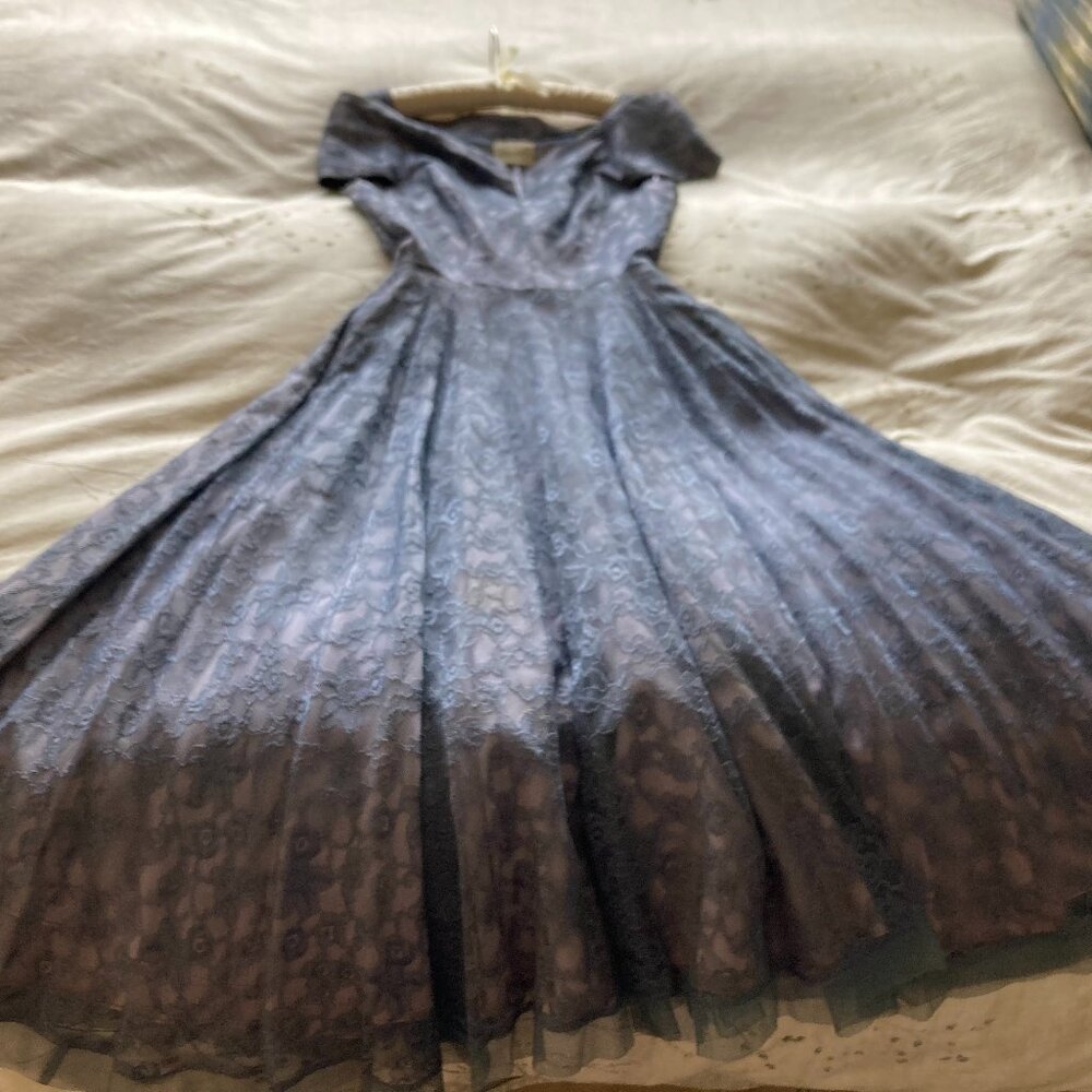 Vintage 1951 Dusty Blue Lace Cocktail Dress by Norman Original